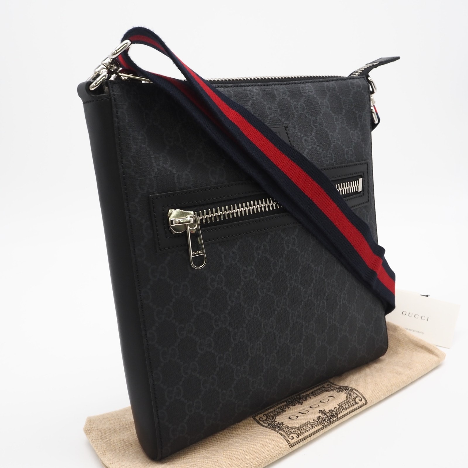 美品 GUCCI グッチ GGスプリーム メッセンジャーバッグ 474137 ショルダーバッグ グレー レッド ネイビー コーティングキャンバス レザー メンズ