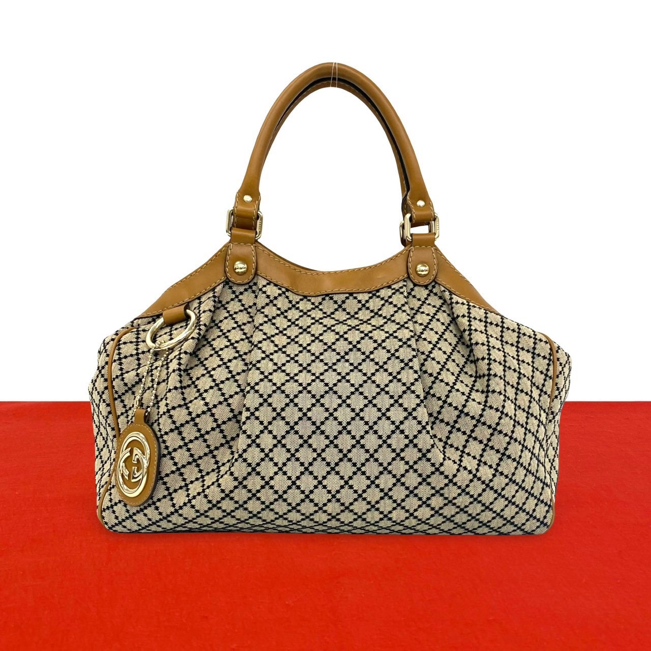 GUCCI グッチ スーキー ディアマンテ キャンバス レザー ハンドバッグ ベージュ
 27-10