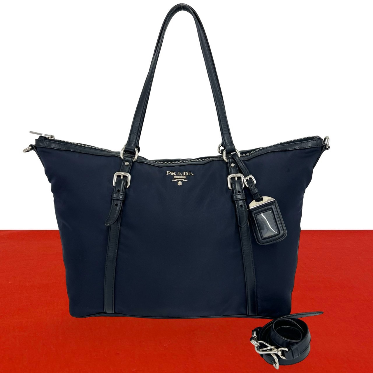 PRADA プラダ ロゴ 金具 ナイロン レザー トートバッグ ネイビー
12203