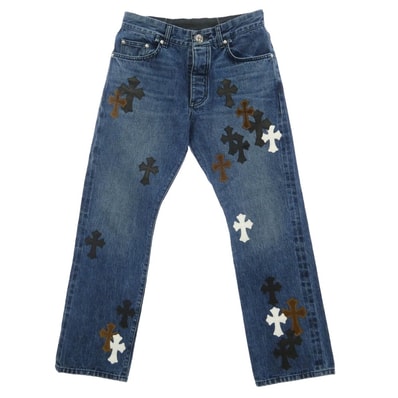 CHROME HEARTS クロムハーツ(原本無) JEAN STRTLG FBRC レザーセメタリークロスパッチ デニムパンツ インディゴブルー系 32【美品】【中古】