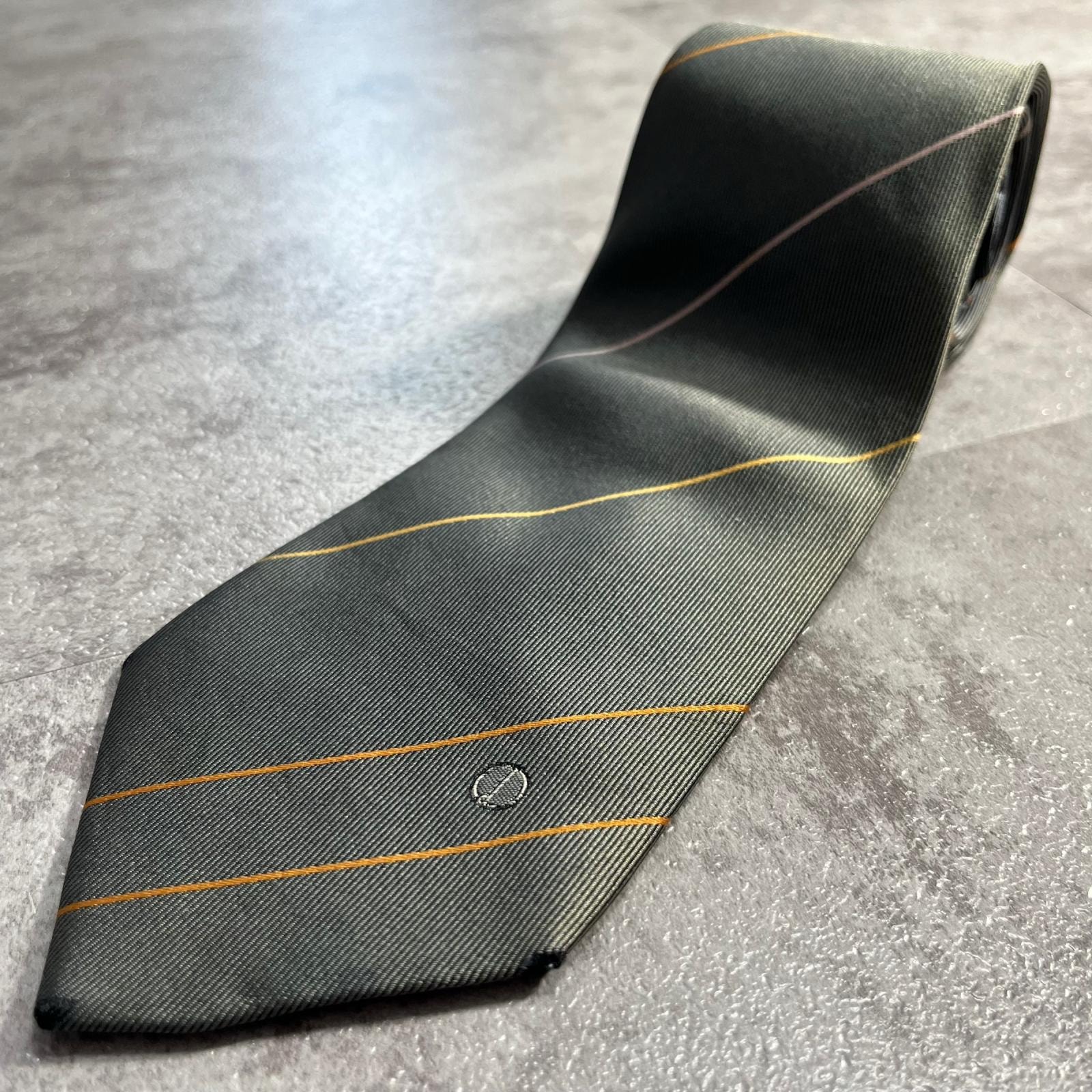 【Dunhill】ダンヒル dロゴ 斜めストライプ ネクタイ レジメンタル ピンストライプ 細いライン 細かな織り模様 グレー イエロー メンズ