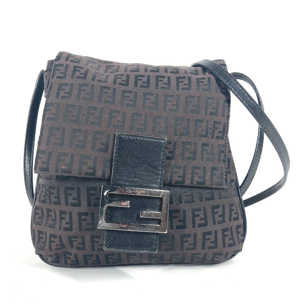 フェンディ FENDI ズッキーノ ロゴ フラップ 斜め掛け カバン ポシェット ショルダーバッグ レザー/キャンバス ブラウン