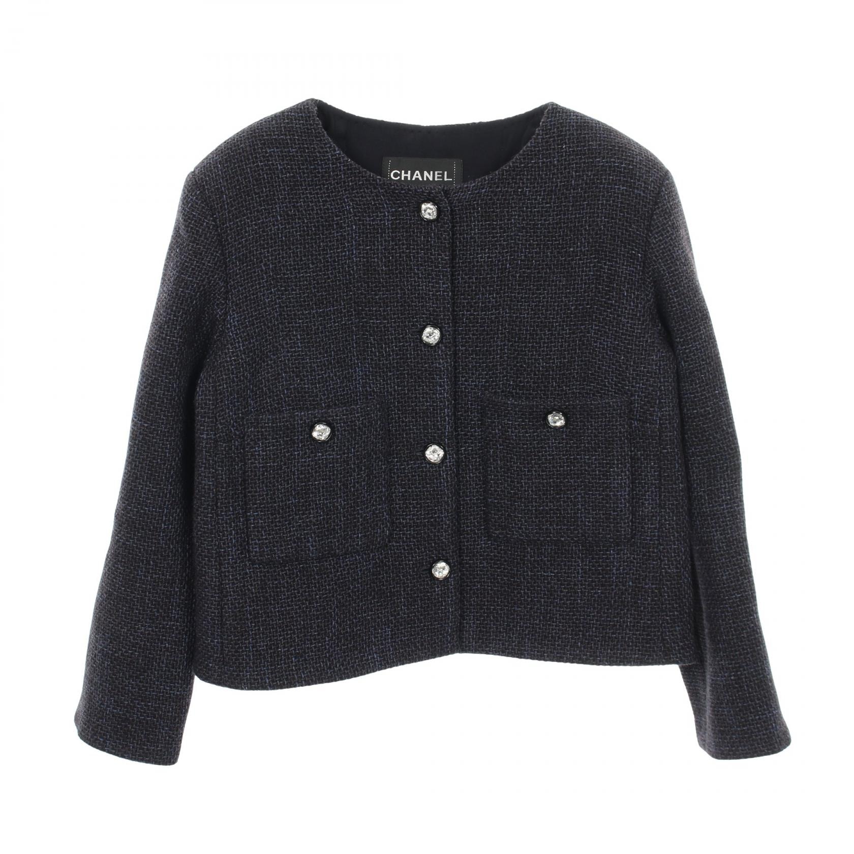 シャネル CHANEL ビジューボタン ツイード ノーカラージャケット 衣料品 アウター ウール レディース ネイビー系 【中古】