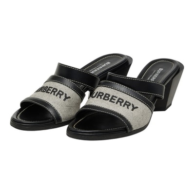 バーバリー サンダル ミュール サイズ37 ブラック ホワイト キャンバス レザー レディース BURBERRY 【中古】