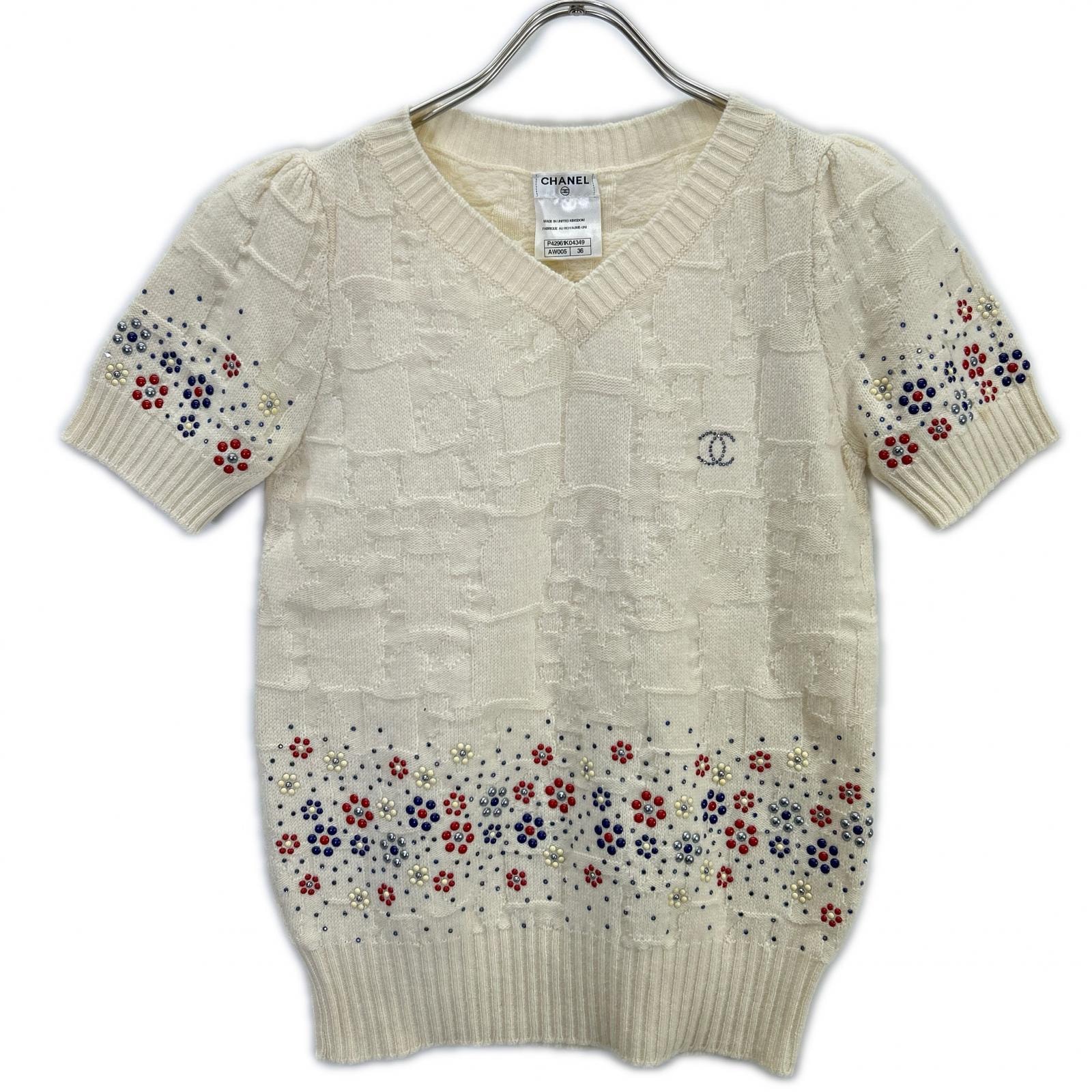 シャネル P42961 ココマーク カシミアウール ビジュー ラインストーン 半袖ニット 36