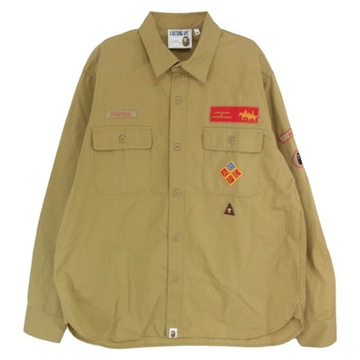 A BATHING APE アベイシングエイプ 長袖シャツ CLASSIS COLLECTION RELAXED FIT BOYSCOUT SHIRT 復刻 ワッペン付 ボーイスカウト 長袖 シャツ ブラウン系 M【美品】【中古】
