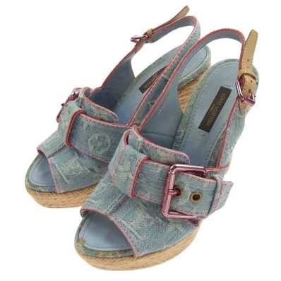 LOUIS VUITTON ルイ・ヴィトン サンダル CL0130 エスパドリーユ モノグラム デニム ウェッジソール バックストラップ サンダル シューズ ライトブルー系 35【中古】