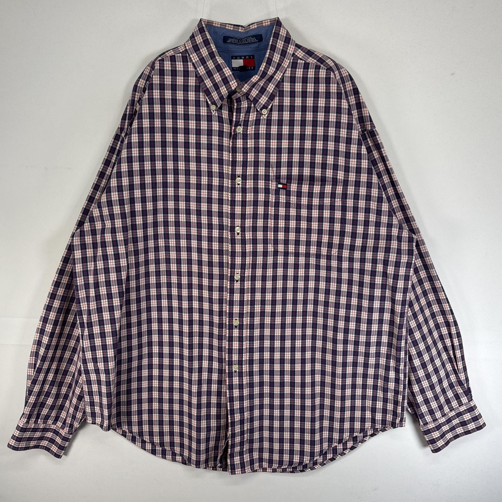 古着 90's/90年代 トミーヒルフィガー TOMMY HILFIGER 長袖シャツ チェック ロゴ 刺繍 胸ポケ XL レッド マルチカラー メンズ