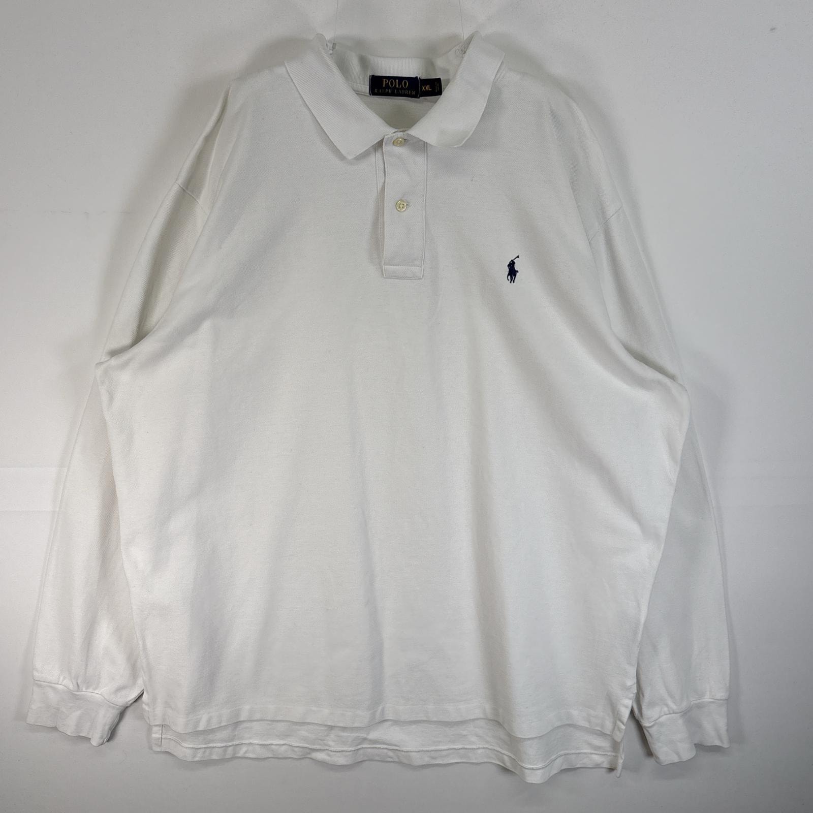 古着 ポロ・ラルフローレン POLO RALPH LAUREN 鹿の子 長袖 ポロシャツ ロゴ 刺繍 大きいサイズ 2ボタン 14041  ホワイト 無地 メンズ