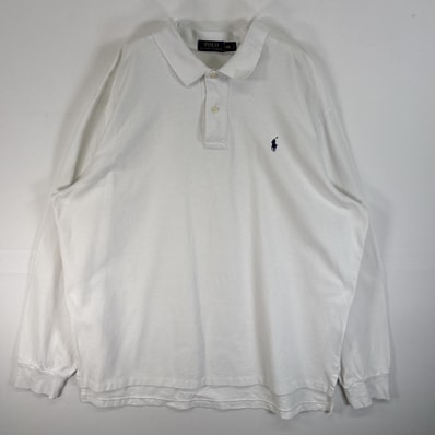 古着 ポロ・ラルフローレン POLO RALPH LAUREN 鹿の子 長袖 ポロシャツ ロゴ 刺繍 大きいサイズ 2ボタン 14041 ホワイト 無地 メンズ