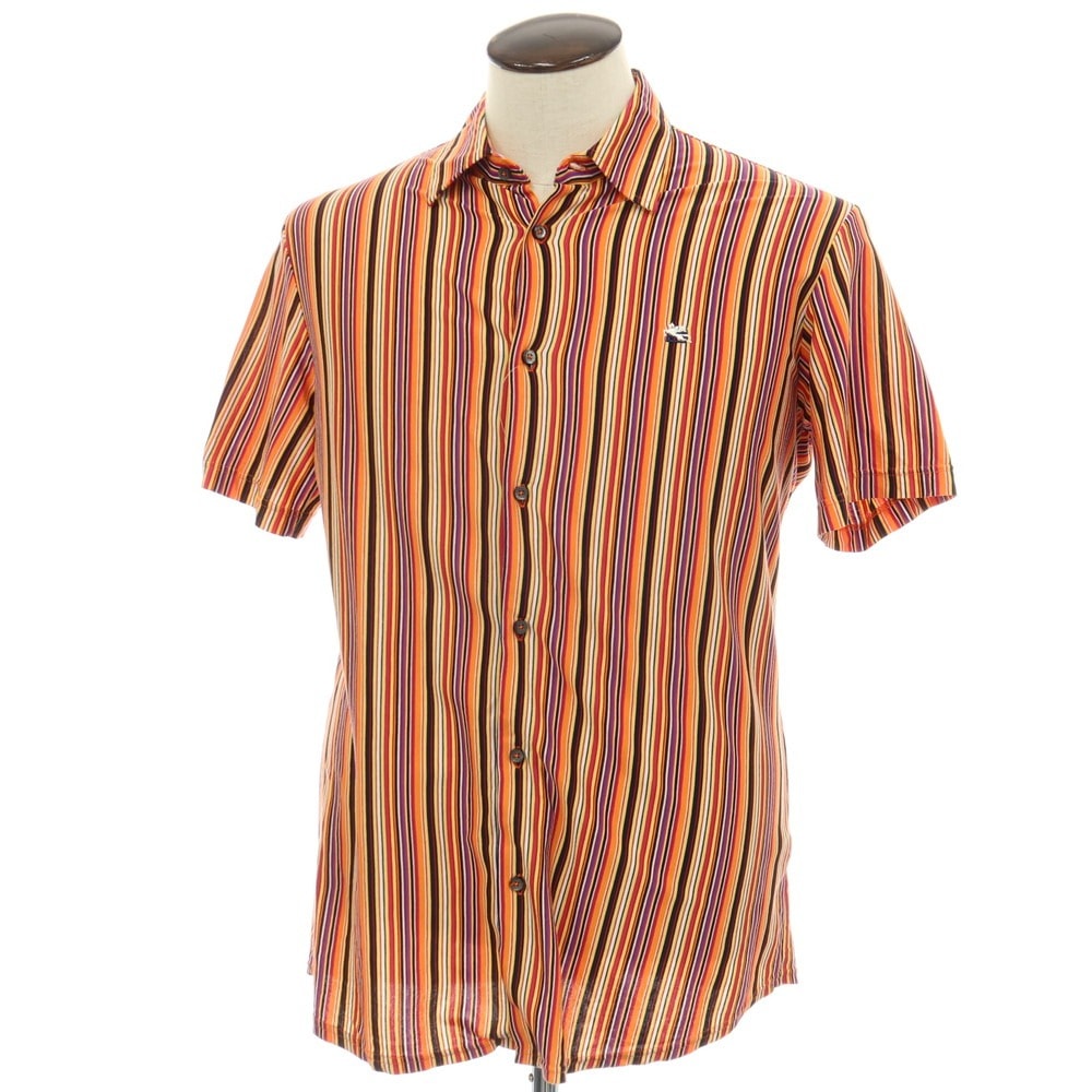 【中古】エトロ ETRO コットン マルチストライプ 半袖シャツ オレンジ系xマルチカラー【サイズL】【メンズ】