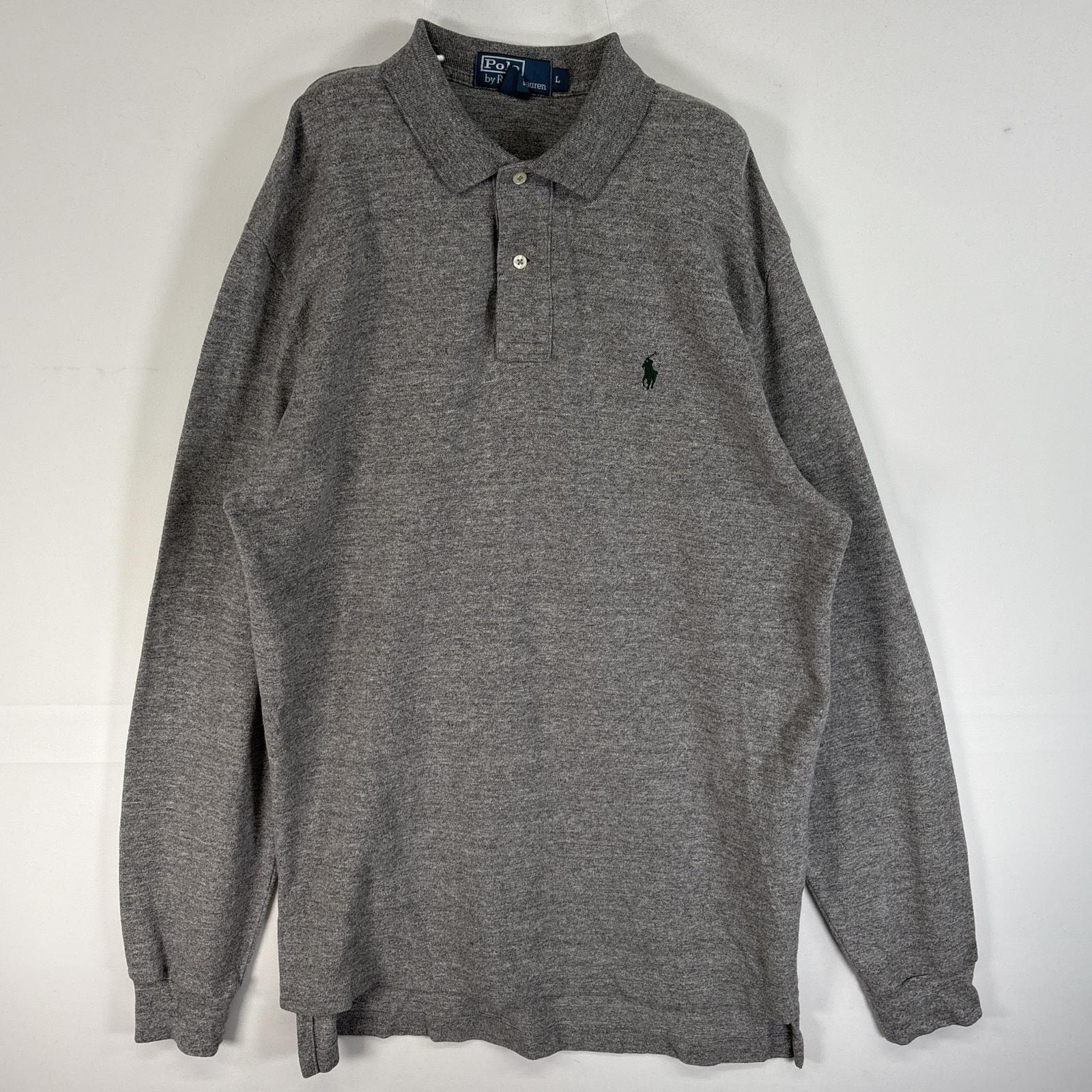 古着 90's/90年代 ポロバイラルフローレン Polo by Ralph Lauren 鹿の子 長袖 ポロシャツ ロゴ 刺繍 2ボタン L  グレー 無地 メンズ