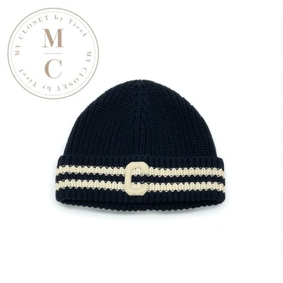 セリーヌ CELINE 帽子 コットン ネイビー アイボリー Cロゴ ニットキャップ ニット帽