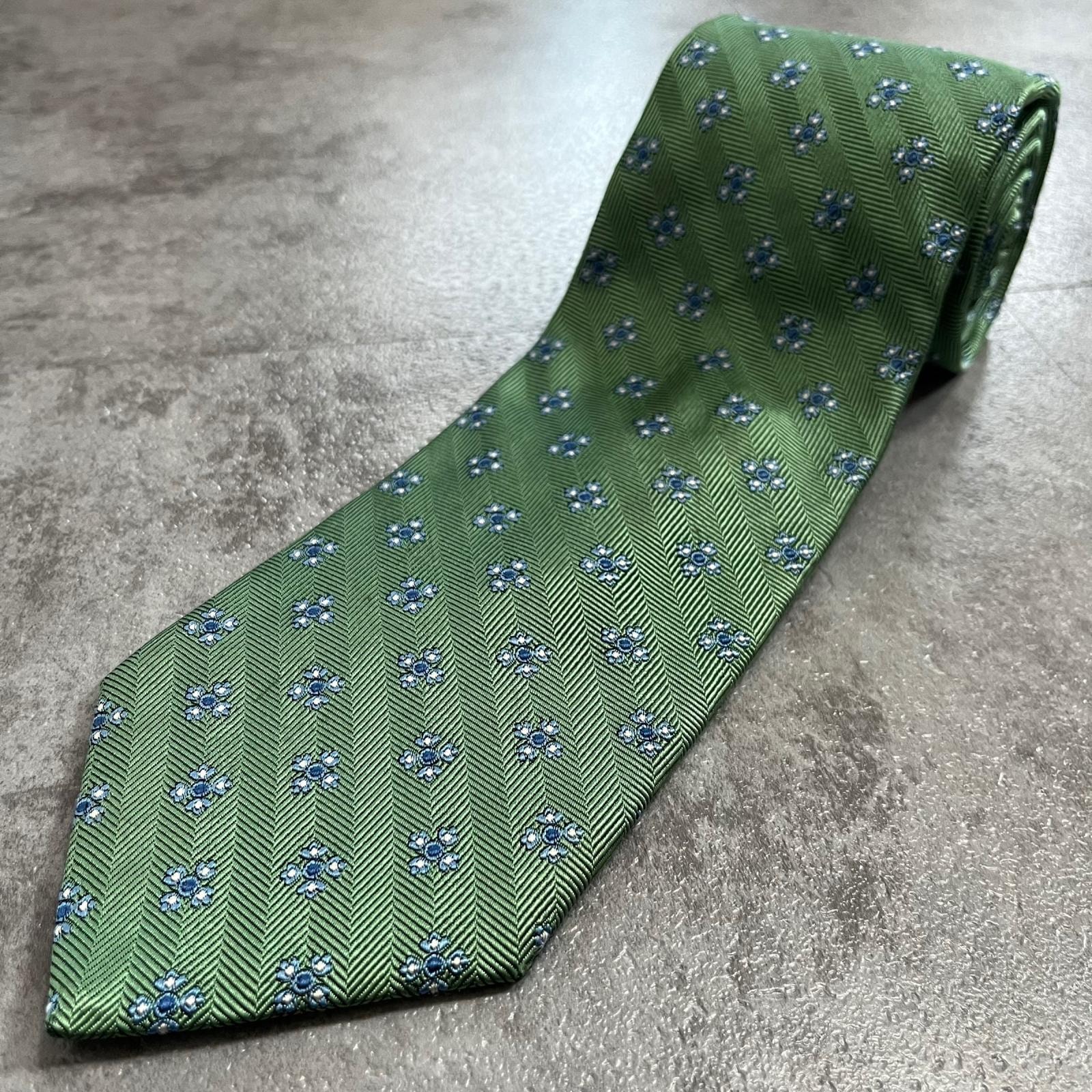 【Brooks Brothers】ブルックスブラザーズ ヘリンボーン フラワーモチーフ 小紋柄 ネクタイ グリーン ブルー シルク100% アメリカ製 メンズ