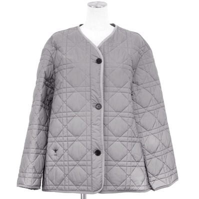 【美品】Christian Dior クリスチャンディオール ジャケット 36 レディース 247C26A2757 カナージュ リフレクター キルティング ノーカラー CD BEE 蜂 刺繍 エンブロイダリー アウター メタリックグレー 灰色 イタリア製