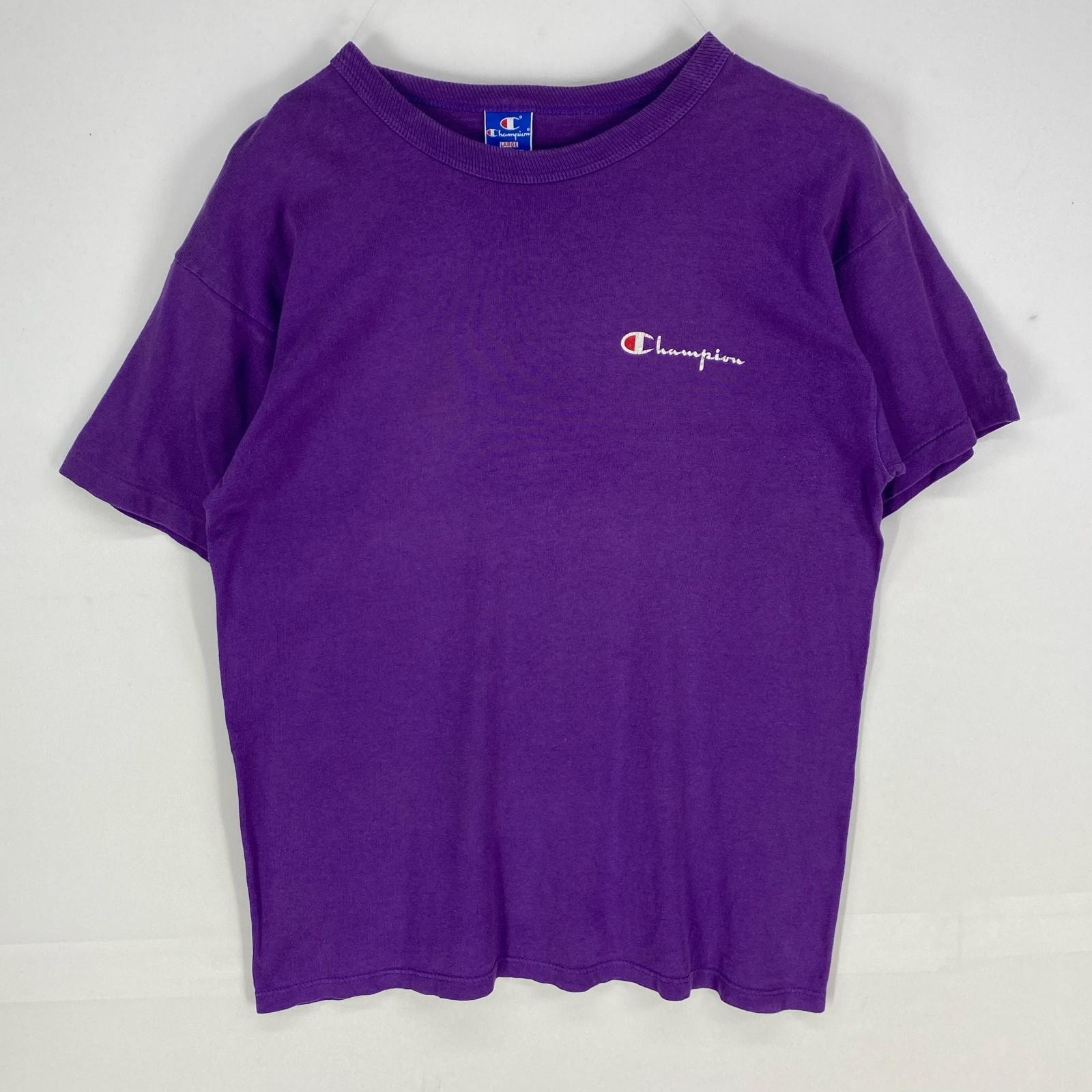 古着 90's/90年代 チャンピオン Champion USA製 半袖Tシャツ クルーネック ワンポイントロゴ L パープル系 プリント メンズ