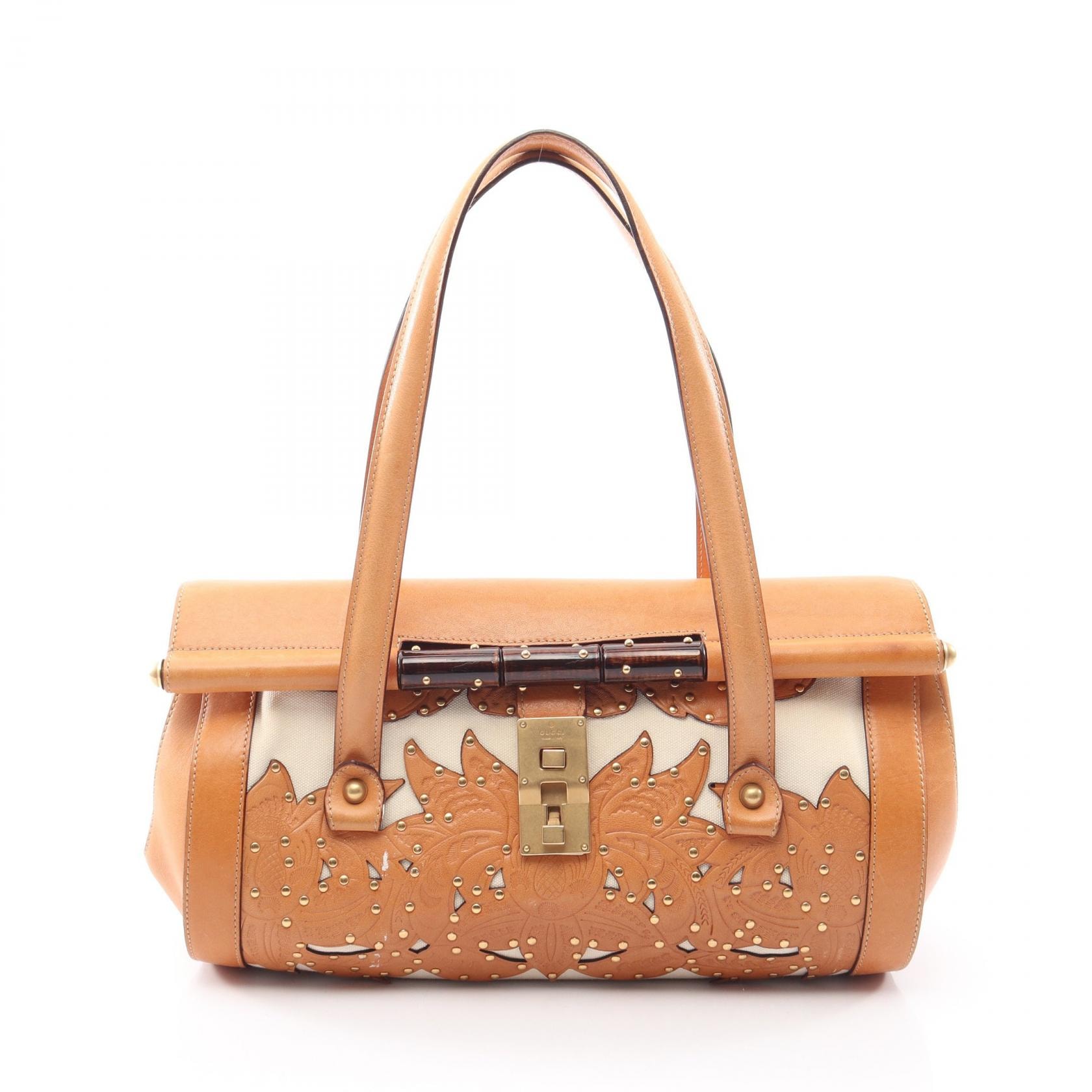 グッチ GUCCI フラワーカービング ハンドバッグ バッグ キャンバス レザー レディース ホワイト系 / ブラウン系 123259 【中古】