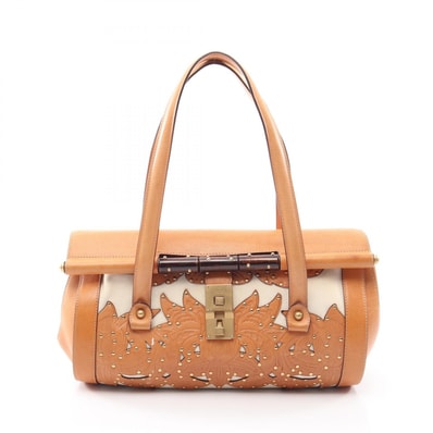 グッチ GUCCI フラワーカービング ハンドバッグ バッグ キャンバス レザー レディース ホワイト系 / ブラウン系 123259 【中古】