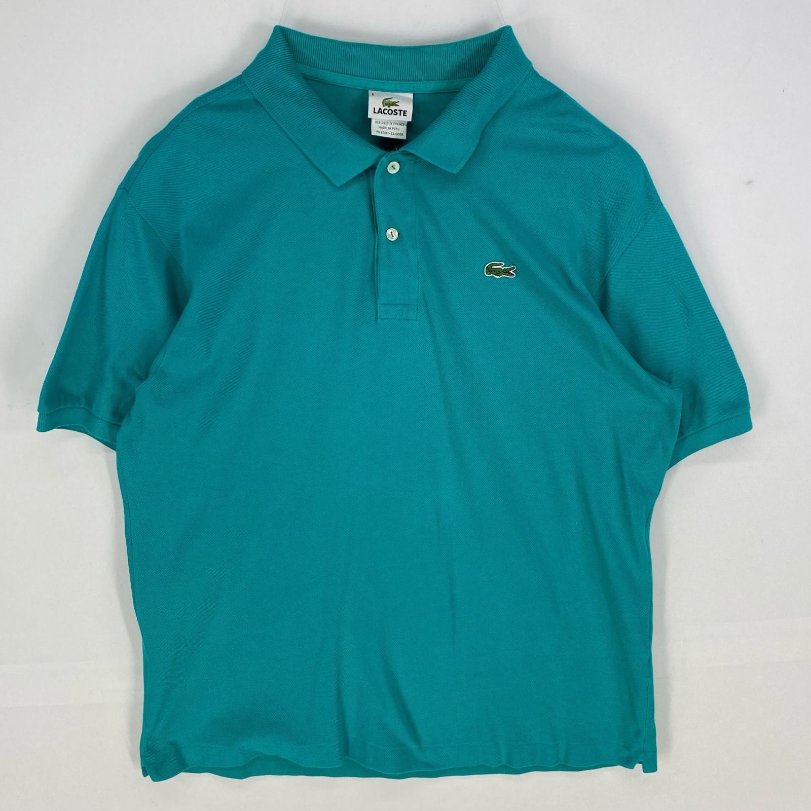 古着 ラコステ LACOSTE 鹿の子 半袖シャツ ワンポイント ロゴ ワッペン ポロシャツ FR6=US XL〜XXL グリーン系 メンズ