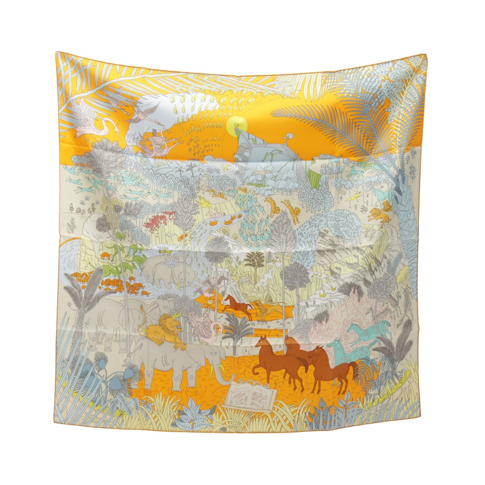 エルメス HERMES カレ90 Le Carnaval des Animaux スカーフ 衣料品 シルク シルク オレンジ レディース オレンジ系 / ホワイト系 / マルチカラー 【中古】