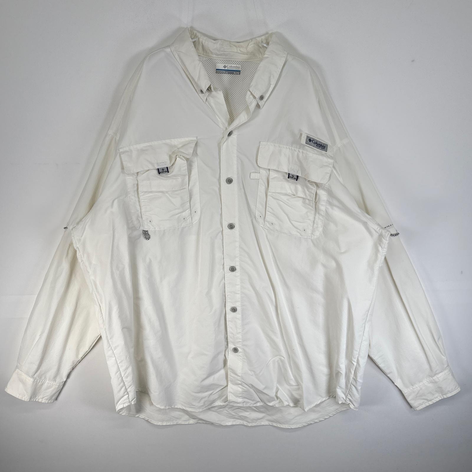 古着 コロンビア Columbia 長袖シャツ 大きいサイズ PFG フィッシングギア ワンポイント ロゴ XL ホワイト 無地 メンズ