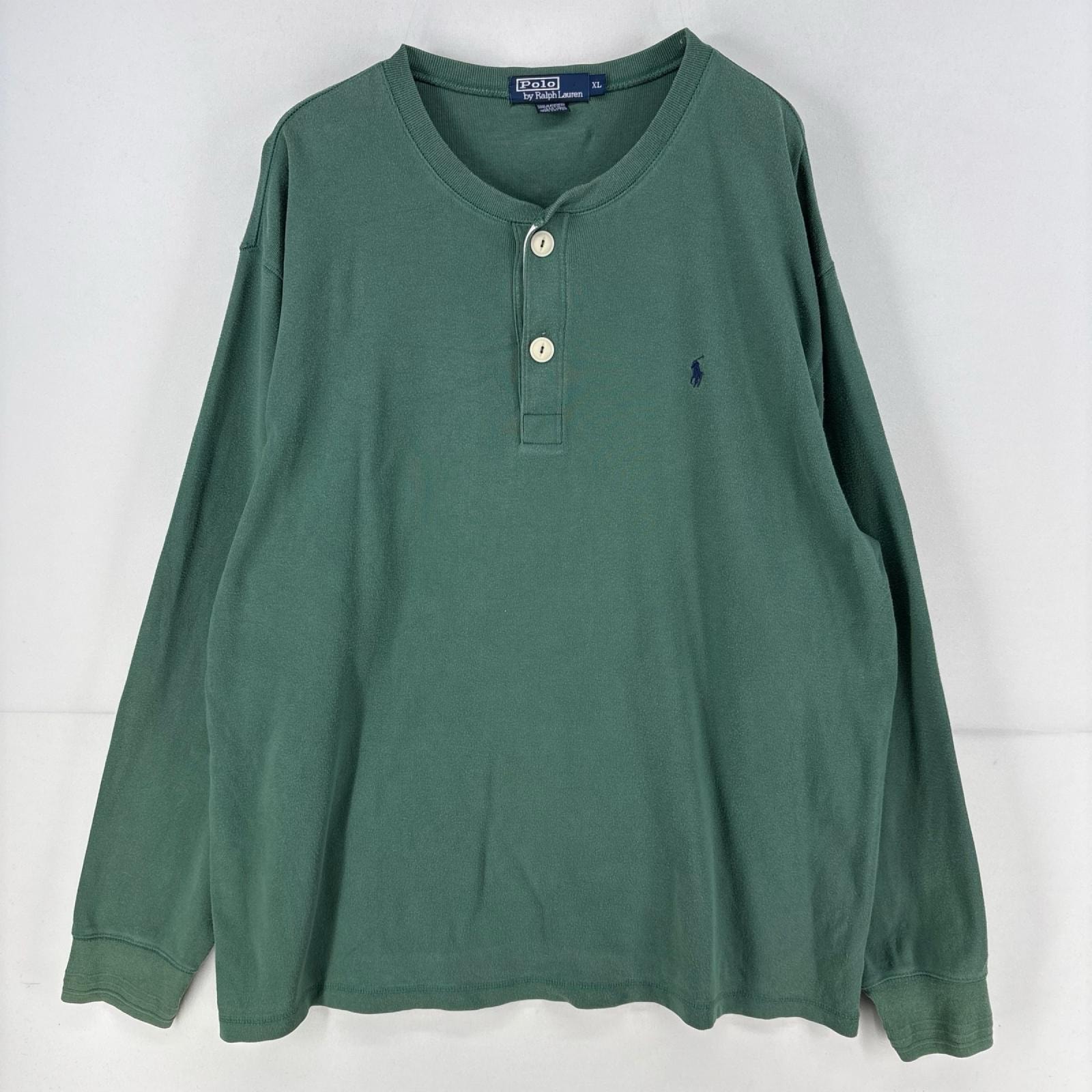 古着 ポロ・ラルフローレン POLO RALPH LAUREN 長袖Tシャツ 刺繍 ヘンリーネック 大きいサイズ ワンポイント XL  グリーン系 無地 メンズ