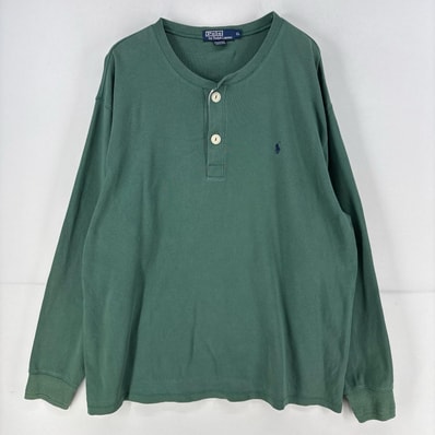 古着 ポロ・ラルフローレン POLO RALPH LAUREN 長袖Tシャツ 刺繍 ヘンリーネック 大きいサイズ ワンポイント XL グリーン系 無地 メンズ