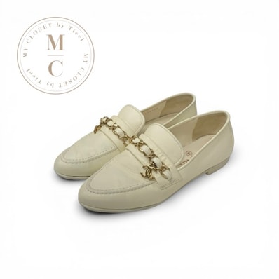 シャネル CHANEL ローファー 革靴 靴 シューズ レザー ホワイト ゴールド ココマーク チェーン