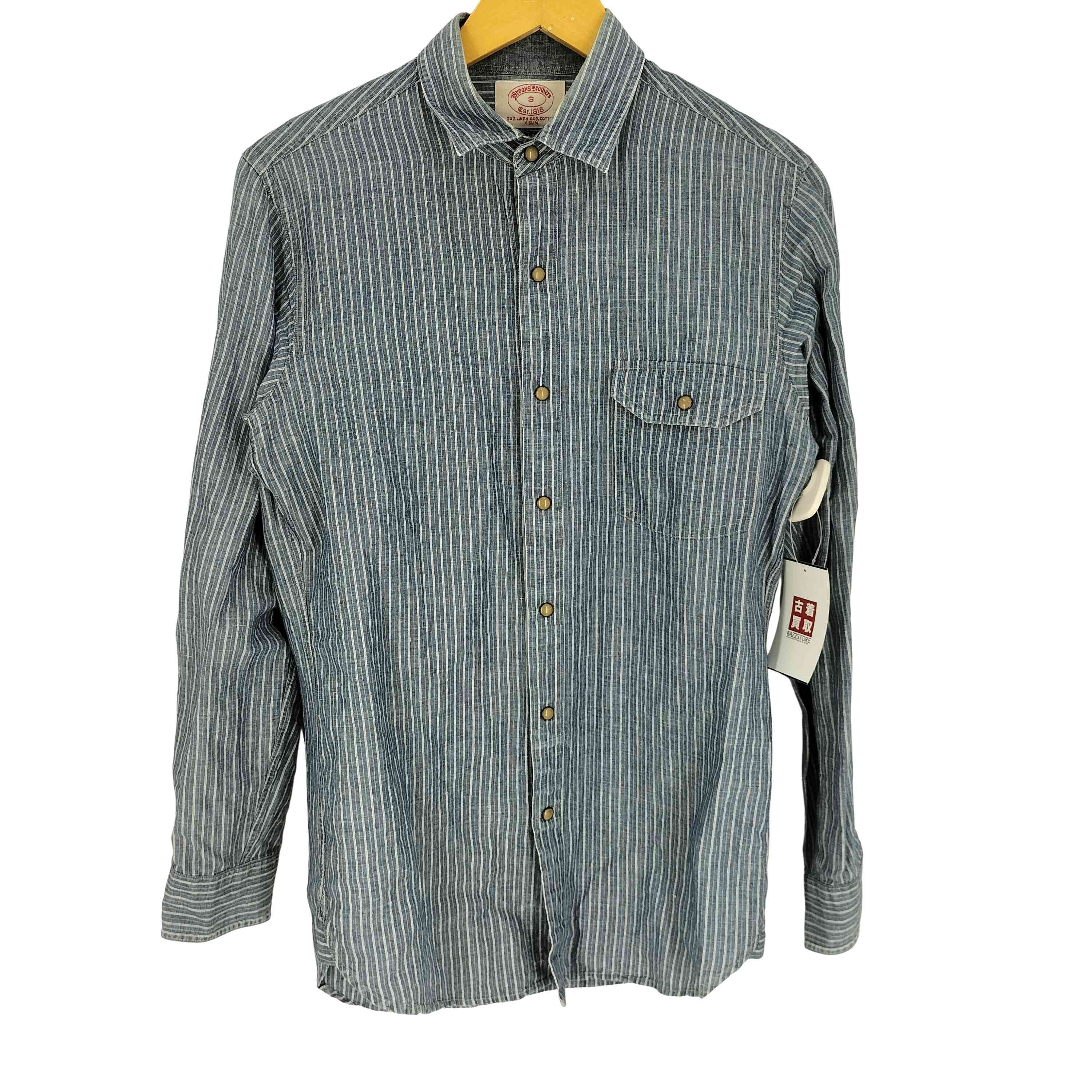 リネンコットン ストライプ スナップボタン L/S レギュラーカラーシャツ【1142382441879】