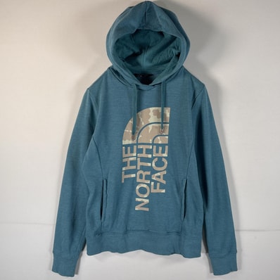 古着 ザ・ノースフェイス THE NORTH FACE パーカー ビッグロゴプリント アウトドア フーディー 裏起毛 S 水色 レディース