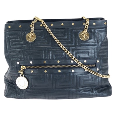 VERSACE ヴェルサーチ ヴィンテージ グレカ メデューサ ネイビー ゴールド金具 レザー チェーンショルダーバッグ トートバッグ 1-0290612 【中古】