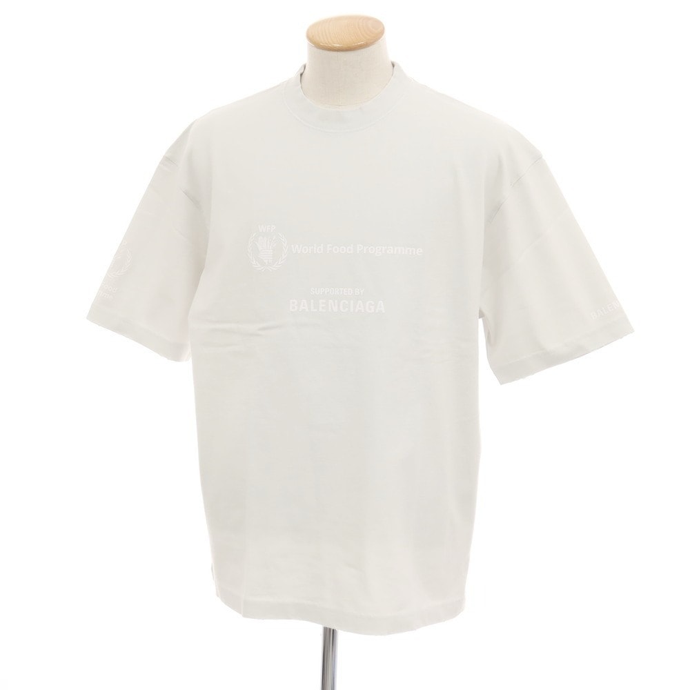 【中古】バレンシアガ BALENCIAGA ダメージ加工 World Food Programme コットン クルーネック 半袖Tシャツ ライトブルーグレー【サイズS】【メンズ】