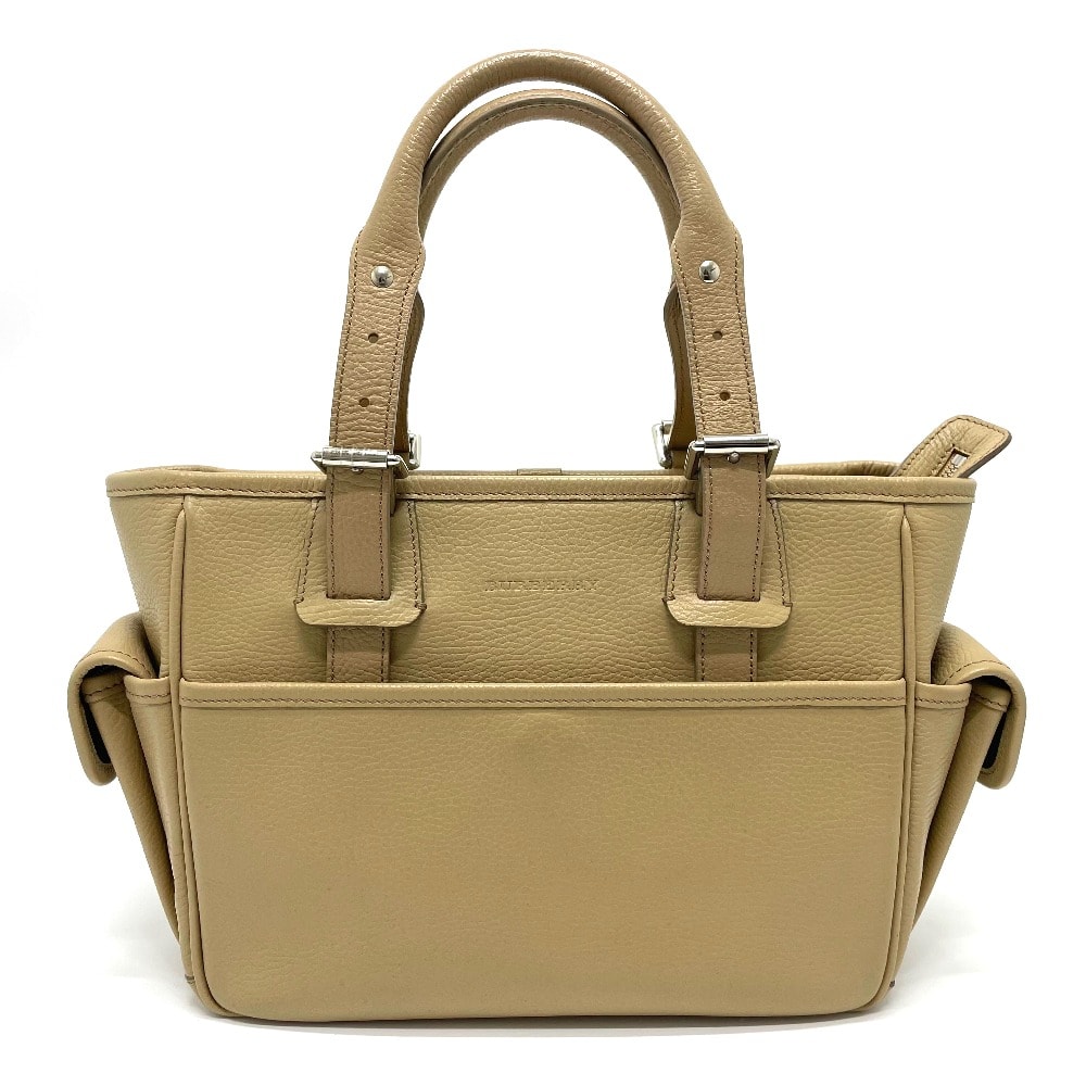 バーバリー BURBERRY サイドポケット ロゴ カバン トートバッグ ハンドバッグ レザー ベージュ