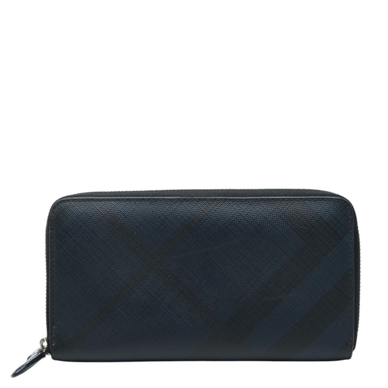 バーバリー シャドーチェック ラウンドファスナー 長財布 ネイビー PVC レザー レディース BURBERRY 中古