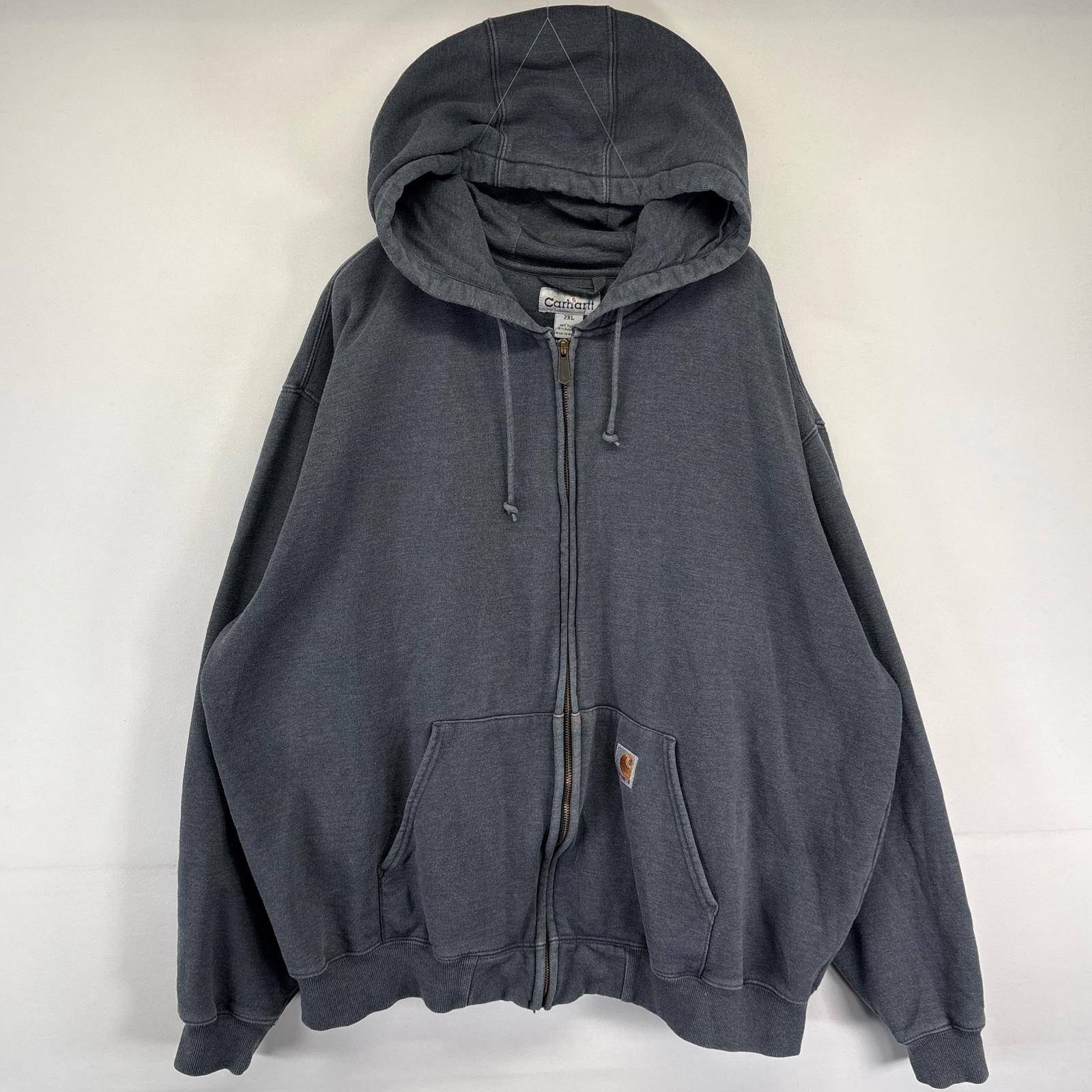 古着 カーハート Carhartt パーカー フルジップ スウェット ヘビーウェイト 厚手 ワンポイントロゴ 2XL  ダークグレー系 メンズ