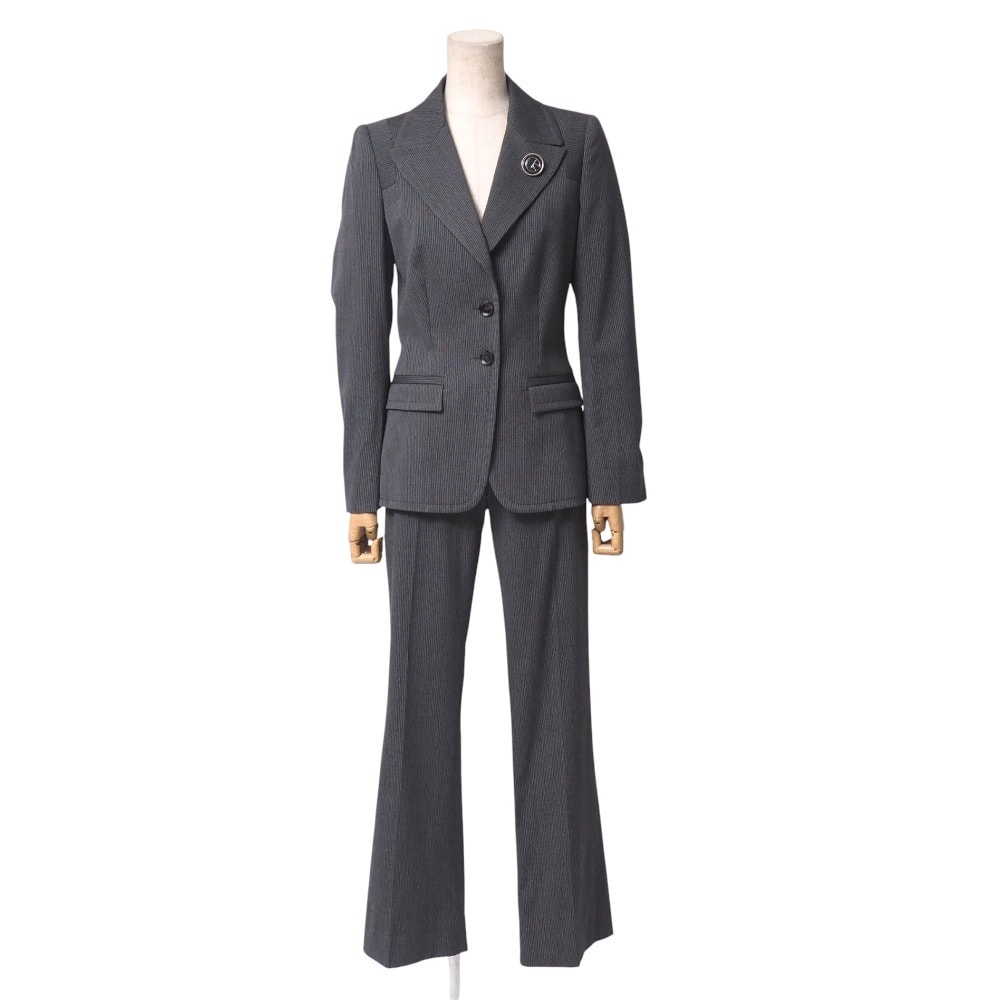 GUCCI グッチ パンツセットアップ サイズ36 ストライプ Gロゴブローチ ウエストシェイプ ジャケット フレアパンツ スラックス ブランド古着【中古】20250916/RA6102