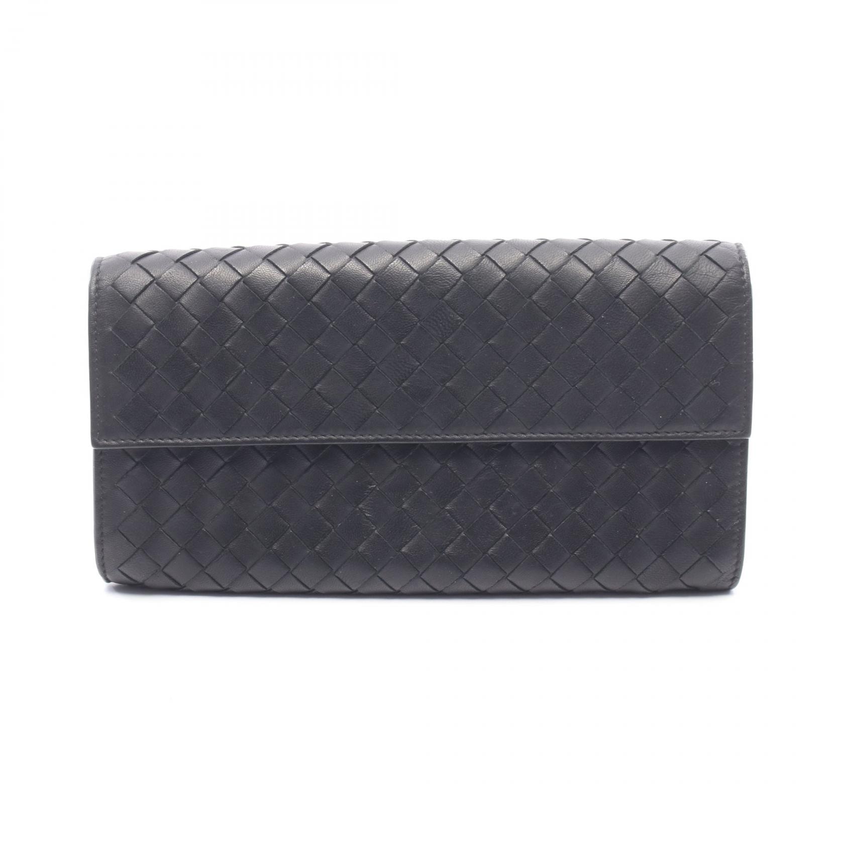 ボッテガヴェネタ BOTTEGA VENETA イントレチャート 二つ折り長財布 財布 レザー レディース ブラック系 【中古】