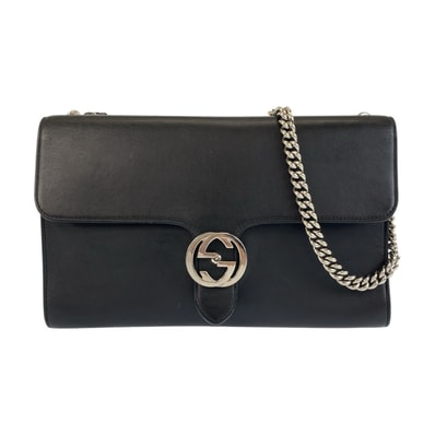 美品 GUCCI グッチ インターロッキング ブラック 黒 シルバー金具 レザー チェーンショルダーバッグ ポシェット 504206 【中古】