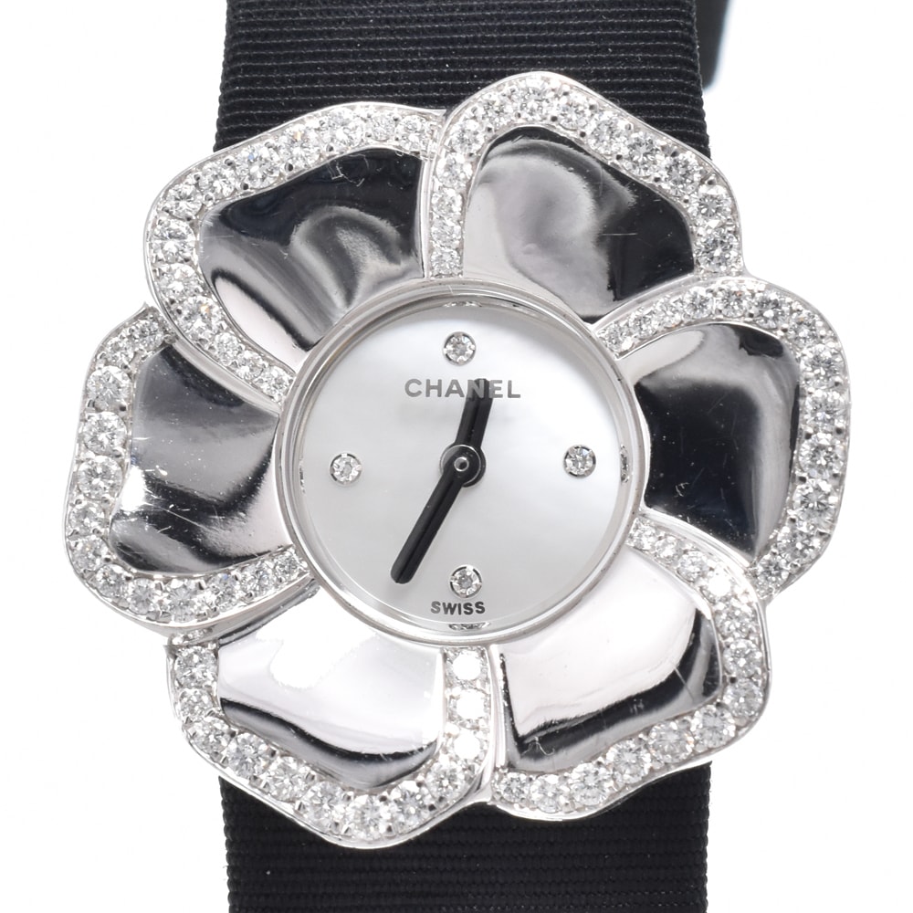 シャネル CHANEL H1187 カメリア ダイヤモンド ホワイトシェル クォーツ レディース 美品 箱・保証書付き 腕時計 O#151425