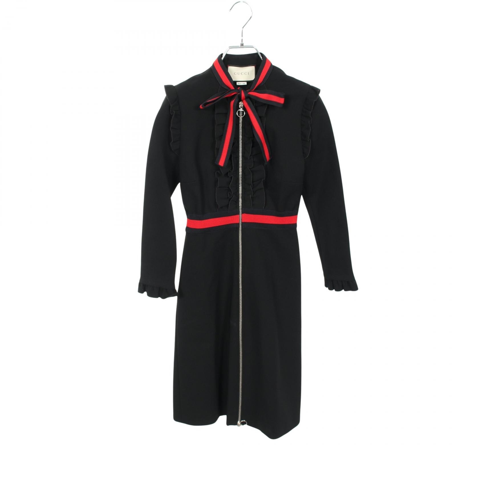 グッチ GUCCI ウェブストライプ 長袖 フリル ワンピース 衣料品 トップス レーヨン ナイロン レディース ブラック系 / ネイビー系 / レッド系 【中古】