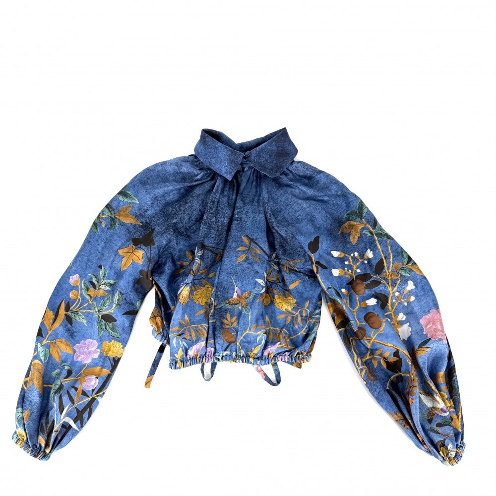 GUCCI グッチ 長袖シャツ ブラウス アパレル 総柄 トップス 服 38 ブルー 青 オレンジ シルク レディース 春 夏 美品【中古品】