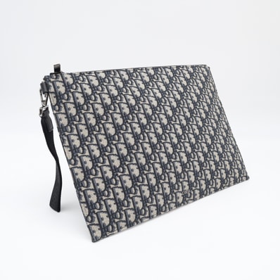 極美品 Dior ディオール ディオール オブリーク ジャカード A4 ポーチ 2ESCA549YSE クラッチバッグ ネイビー ベージュ カーフレザー コットン レディース