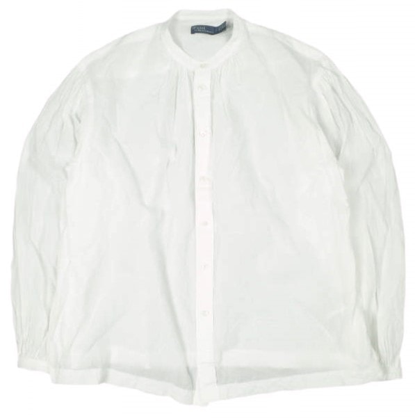 POLO RALPH LAUREN ポロ・ラルフローレン コットンボイルシャツ 0 WHITE 長袖 バンドカラー ギャザー ブラウス 定価28,600円 トップス g26726