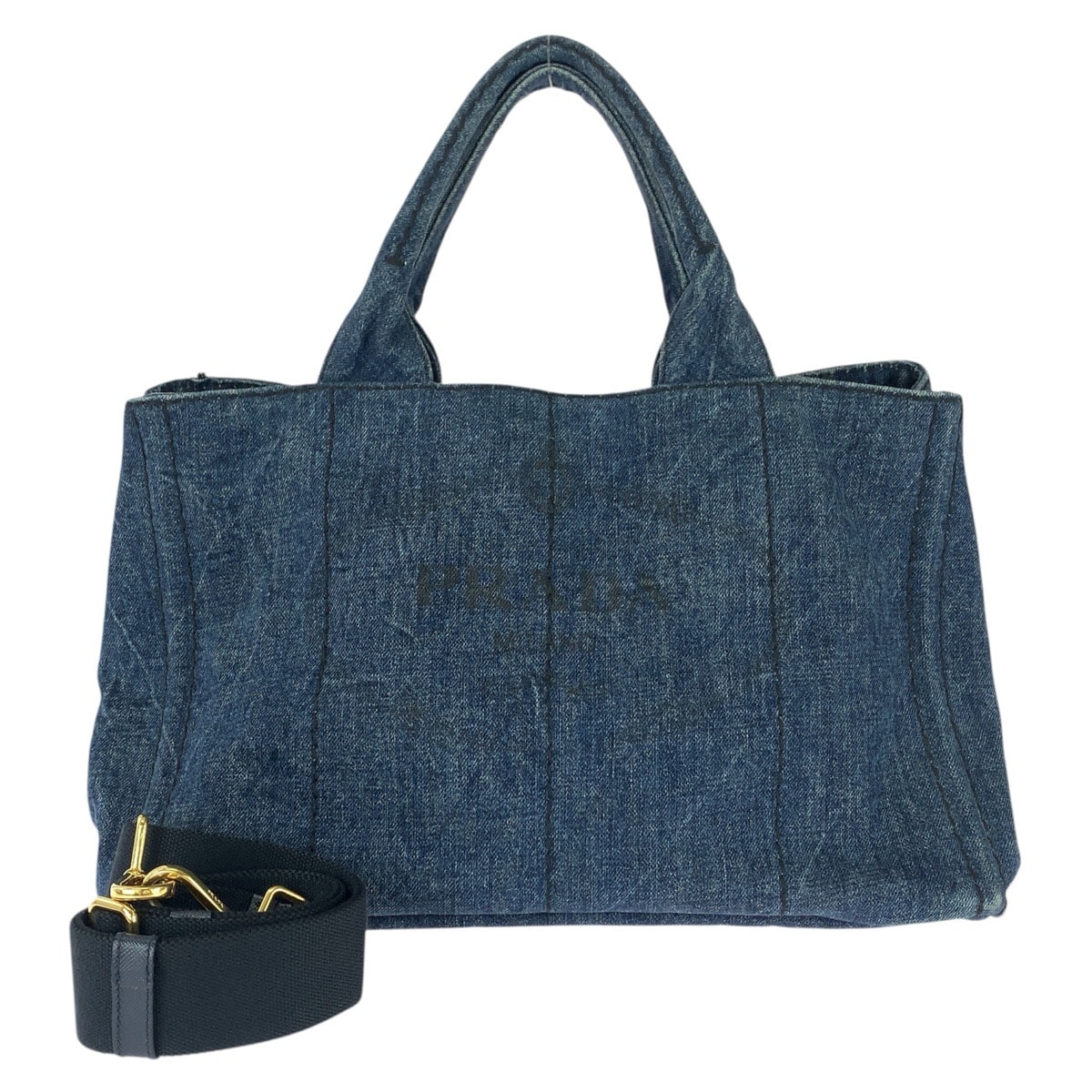 美品 PRADA プラダ カナパ 三角ロゴプレート 2way ブルー ゴールド金具 デニム トートバッグ ショルダーバッグ 604310 【中古】