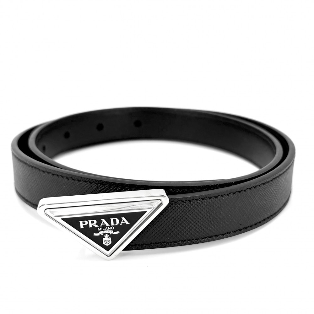 PRADA プラダ ベルト トライアングルロゴ ファッションアイテム 小物 28/70 メンズ レディース レザー ブラック 黒 シルバー金具 ユニセックス 美品【中古品】