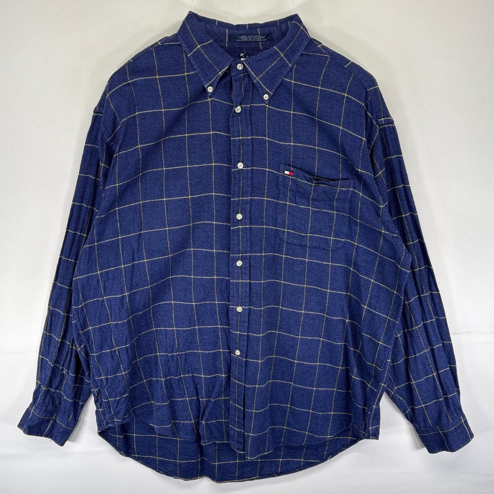古着 トミーヒルフィガー TOMMY HILFIGER 長袖シャツ ネルシャツ ワンポイント刺繍ロゴ 大きいサイズ XL ネイビー系 チェック メンズ