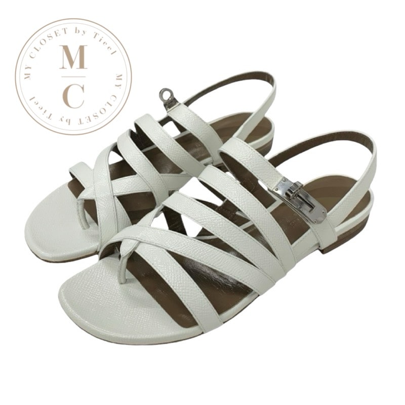 エルメス HERMES サンダル 靴 シューズ レザー ホワイト 白 シルバー トング フラット ケリー金具 ストラップ