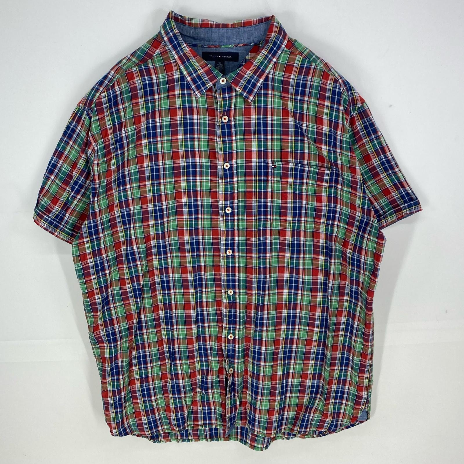 古着 トミーヒルフィガー TOMMY HILFIGER 半袖シャツ 胸ポケット ワンポイント 刺繍ロゴ 大きいサイズ 2XL レッド系 チェック メンズ