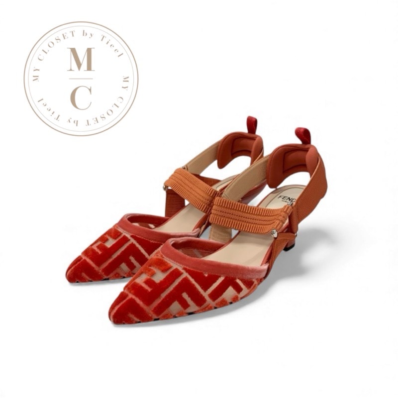 フェンディ FENDI コリブリ パンプス 靴 シューズ ベロア ファブリック オレンジ ロゴ ズッカ柄 ストラップ