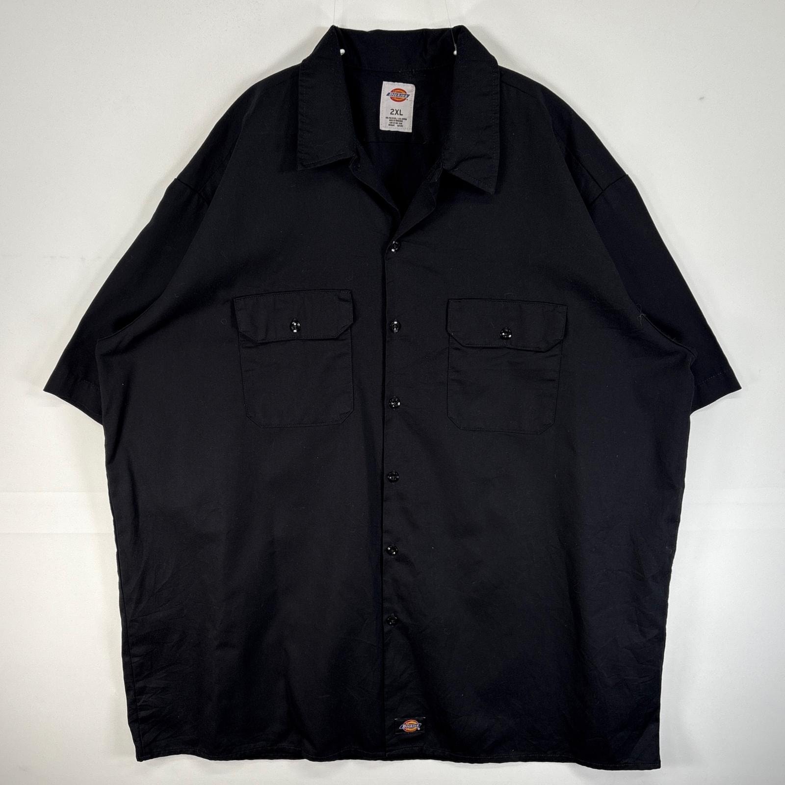 古着 ディッキーズ Dickies 半袖シャツ ワーク 作業着 フラップポケ 大きいサイズ ワンポイント ロゴ 2XL  ブラック 無地 メンズ